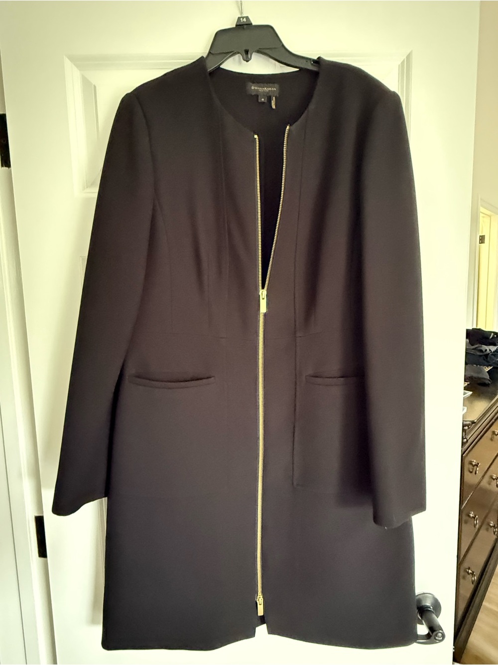 Donna Karan Black Longline Coat with Gold Zip